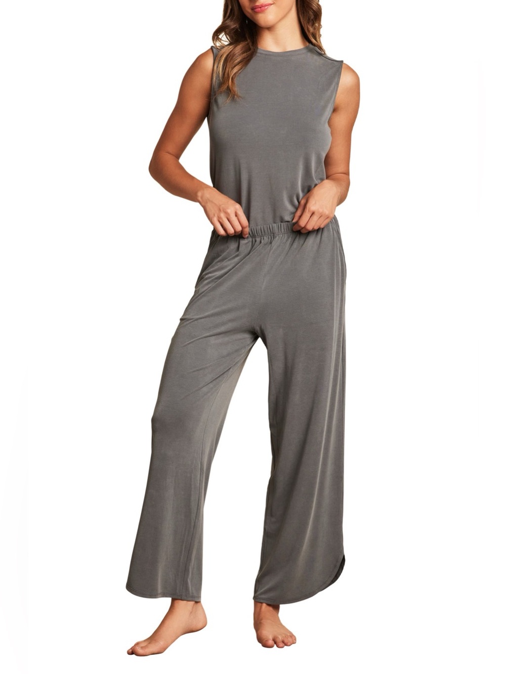 Barefoot Dreams Malibu Sand Washed Jersey Wide Leg Pajamas Bottom Gray Sz XL